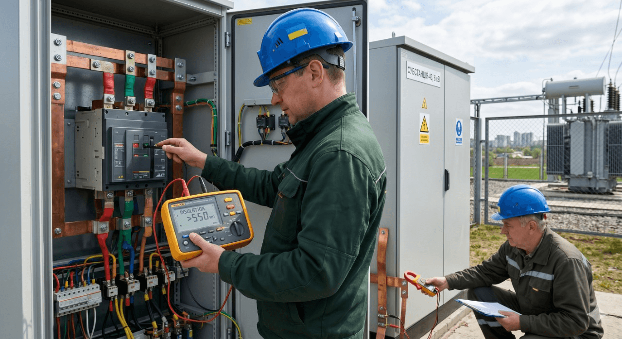 Engineer testing electrical equipment with a multimeter