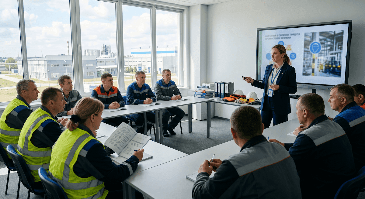 Workers in hard hats during safety training